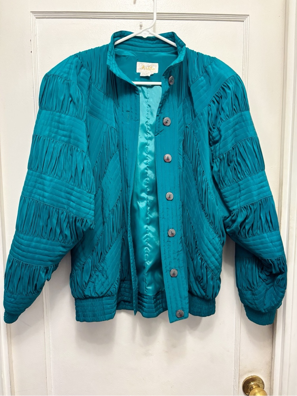 1980’s Perlita Womens Teal Silk Rouched Bomber Jacket Size Medium Dolman Sleeve